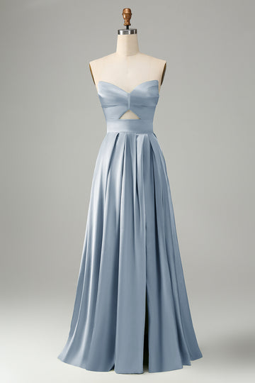 Vestido de dama de honor azul polvoriento una línea plisada sin tirantes ojo de cerradura con abertura